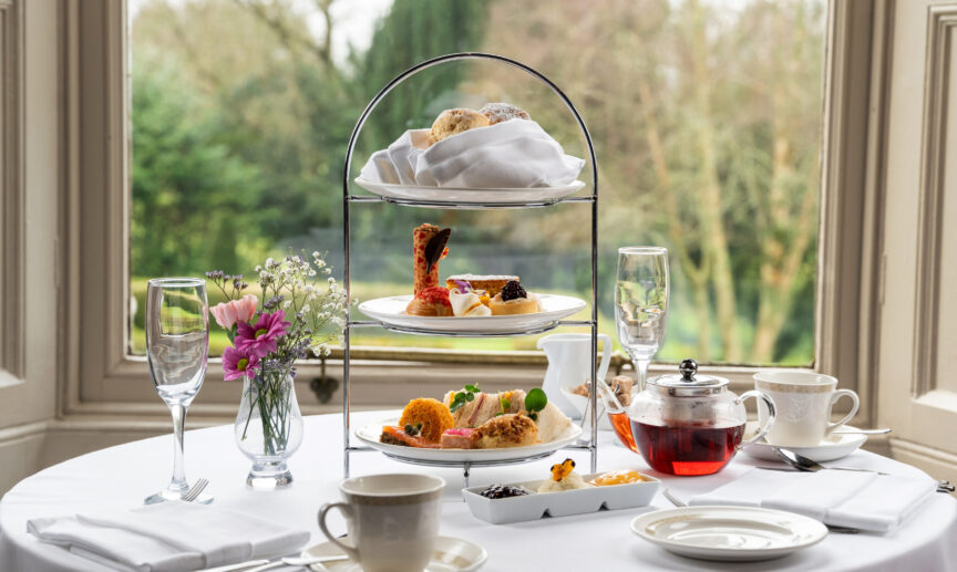 Afternoon Tea set up in window of Roseville Rooms Restaurant Faithlegg Faithlegg