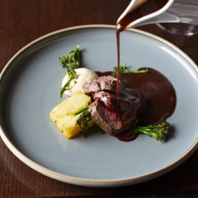 Saddle of wild Glendalough venison Toasted Hazelnuts Chilli Chocolate Jus Faithlegg