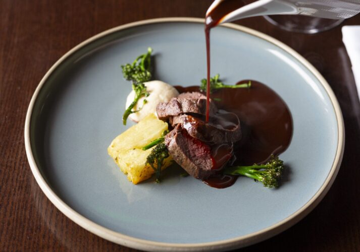 Saddle of wild Glendalough venison Toasted Hazelnuts Chilli Chocolate Jus Faithlegg