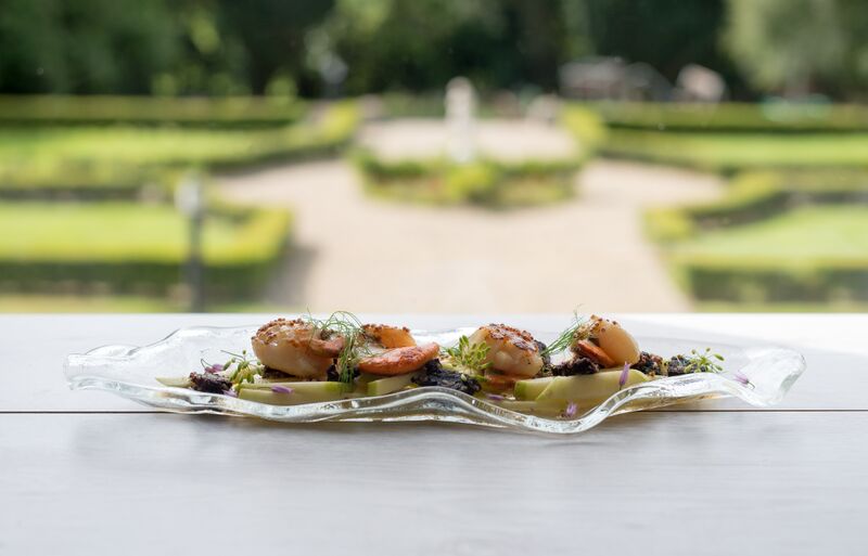 Scallops with black pudding, apple and locally brewed cider